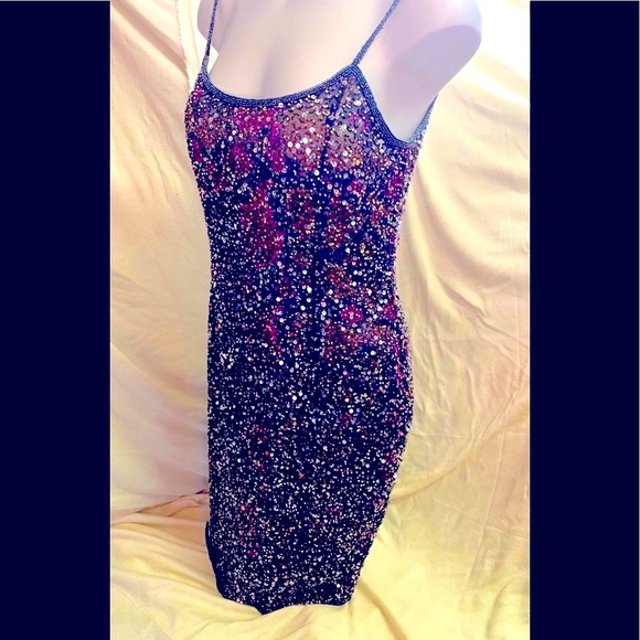 Y2K Adrianna Papell Hand Beaded Sequin Dress Cocktail Prom Sleeveless Midi 10 - Picture 4 of 16